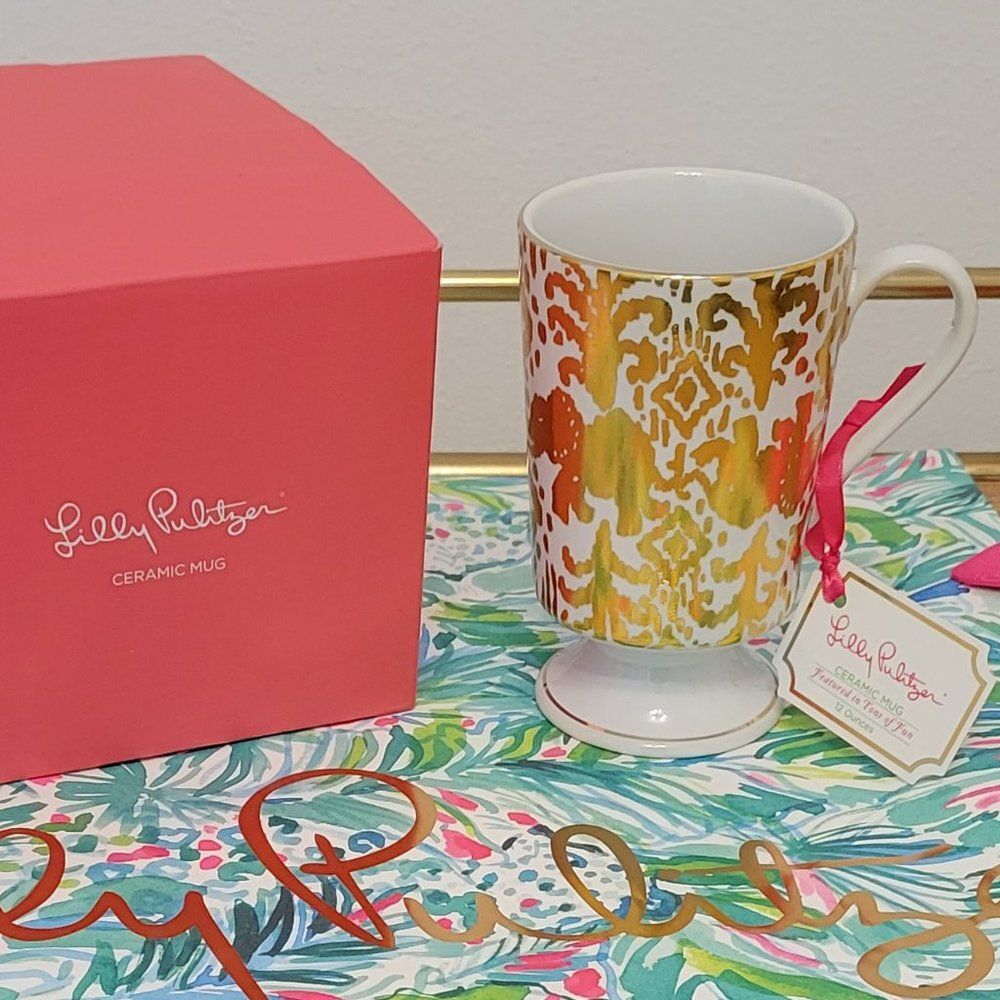 Lilly Pulitzer Tons of Fun Gold & White Ceramic Coffee / Tea Cup - 12 oz.
